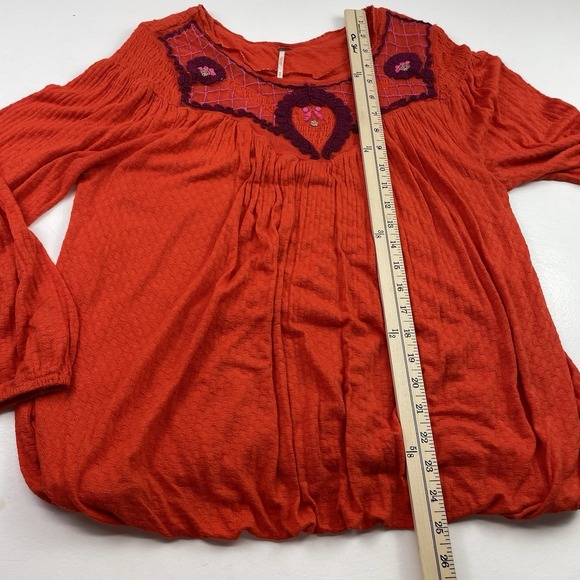 Free People Women Bohemian Peasant Top M Rust Orange Embroidered Long Sleeve - Picture 8 of 12